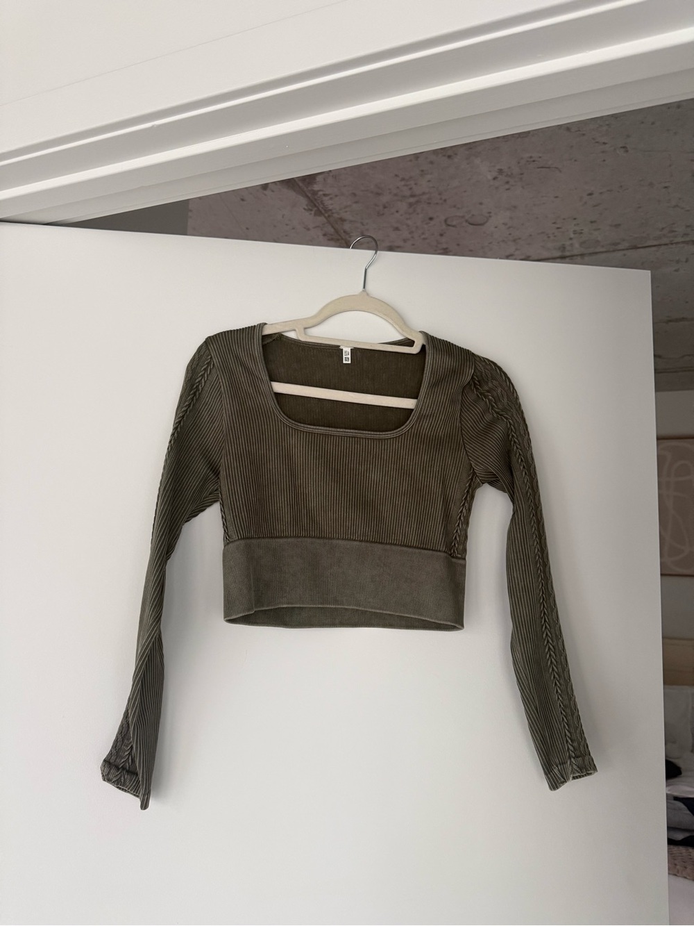 Olive Ribbed Square-Neck Long-Sleeve Crop Top